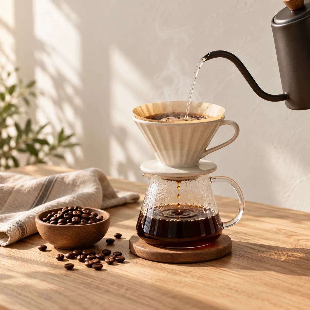 Cafea preparată la filtru: apă turnată dintr-un ibric cu gât de lebădă peste un filtru ceramic, lângă un castron cu boabe pe o masă de lemn
