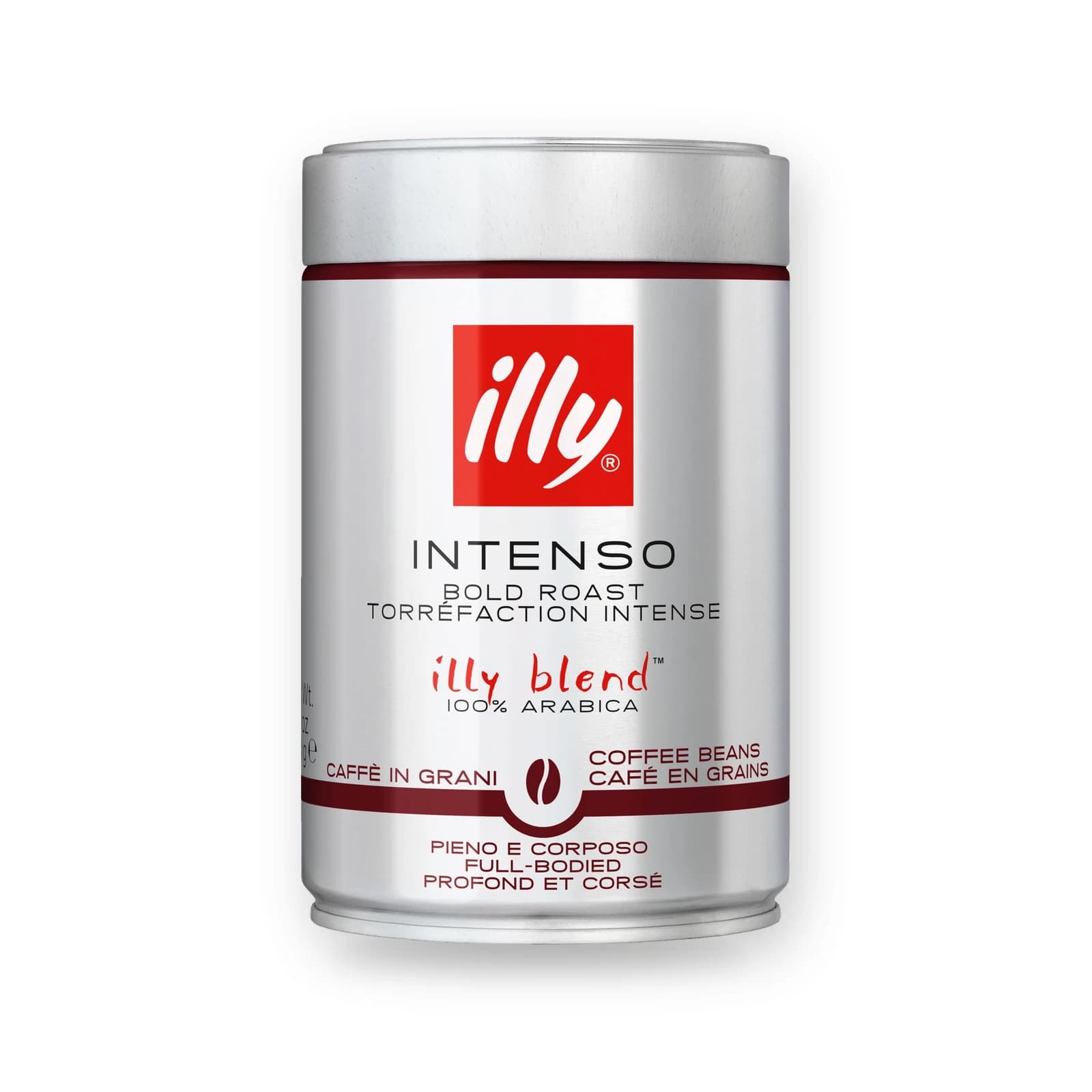 Cutia metalică de cafea boabe illy Intenso, 250 g
