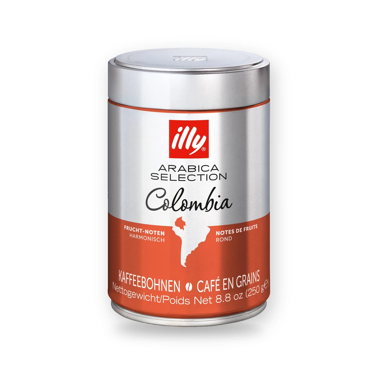 Cutia metalică de cafea boabe illy Arabica Selection Colombia, 250 g