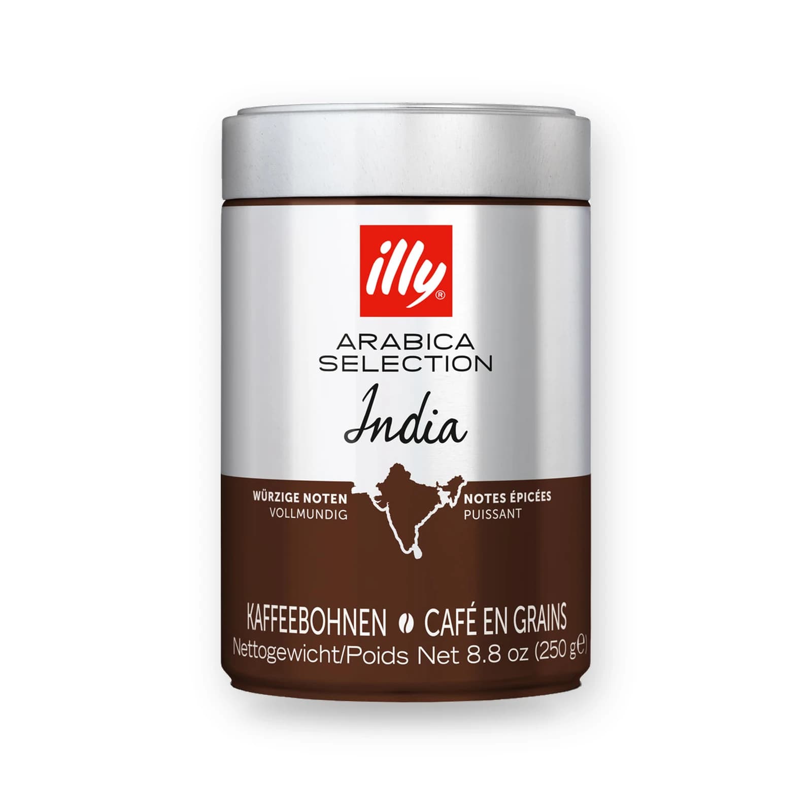 Cutia metalică de cafea boabe illy Arabica Selection India, 250 g